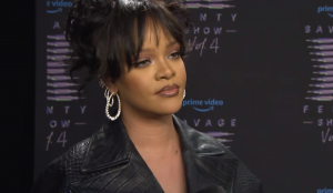 Rihanna speaking to AP at her SavageX Show Vol. 4 black carpet event (October 16, 2022)